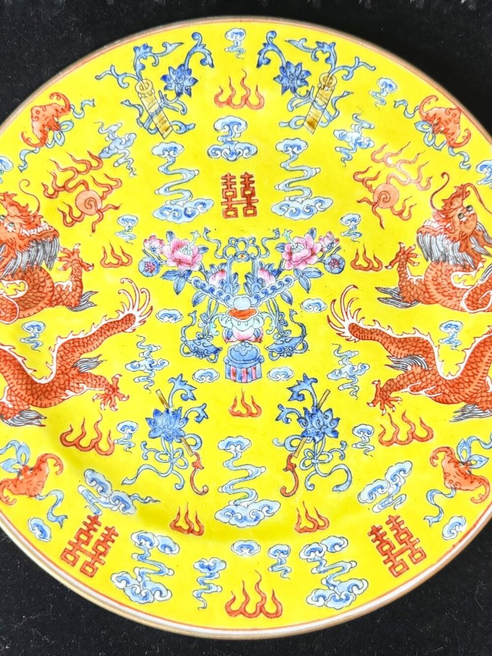 Chinese Yellow Ground Dragon Double Happiness Porcelain Plate Tongzhi Mark A1238